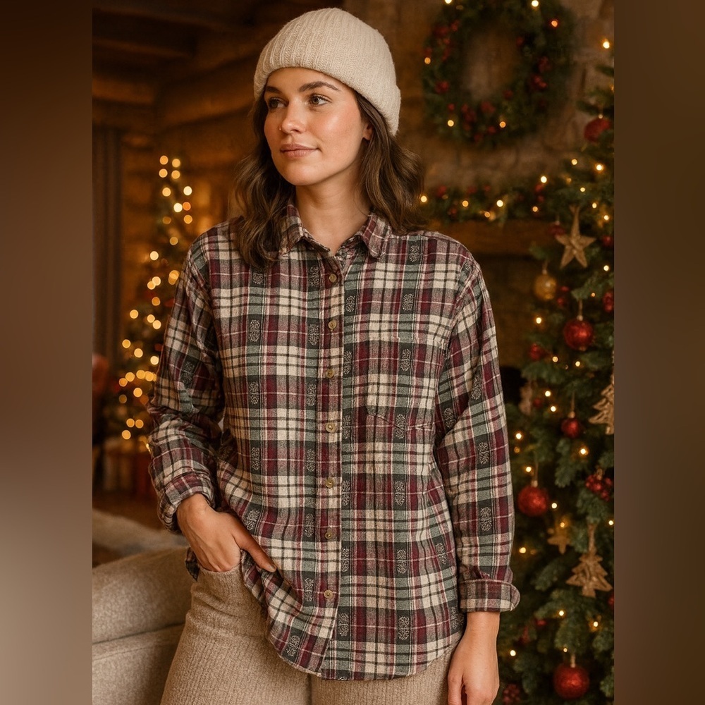 Vintage Plaid chalet festif Button-Up Shirt Red and Green